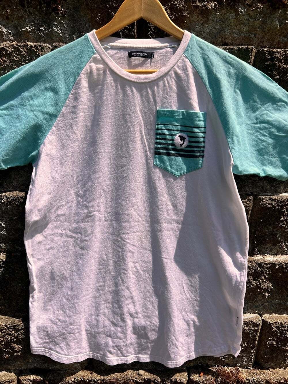 Pink Dolphin Raglan Pocket T Shirt White Aqua Graphic Tee Men's Large L